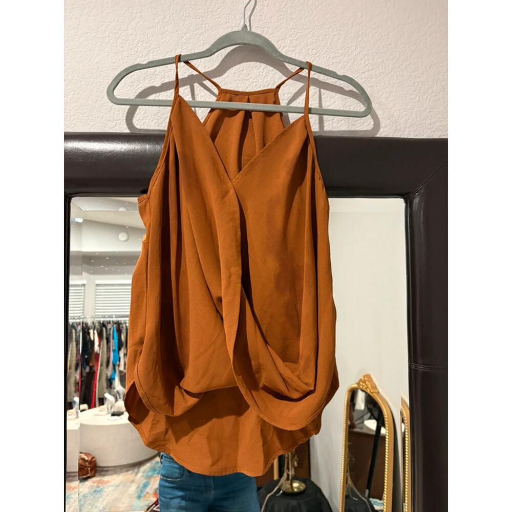 Boutique NWT Women’s Med Cognac Brown Draped Surplice Halter Top Cami - Picture 4 of 6